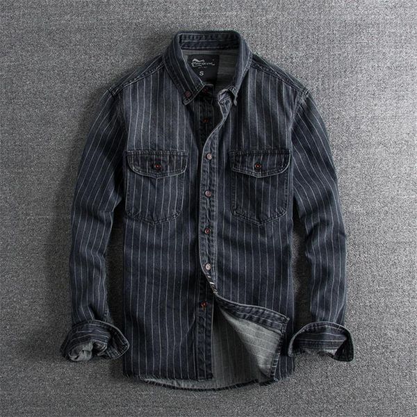 

men's casual shirts 8023 autumn winter vertical striped thicken classic retro fashion brand trendy long sleeve distressed pocket lapel, White;black