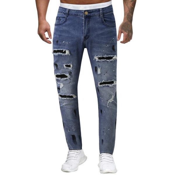

men's jeans dark blue casual solid color ripped holes frayed gradient washed trousers streetwear hip hop style