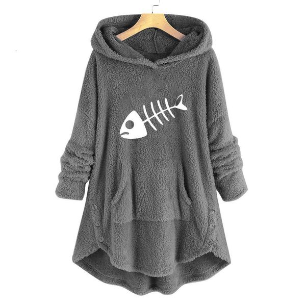 

cat print long women hoodies sweatshirt fleece warm embroidery pocket pullovers plus bone hoodie femme blouse sweat, Black