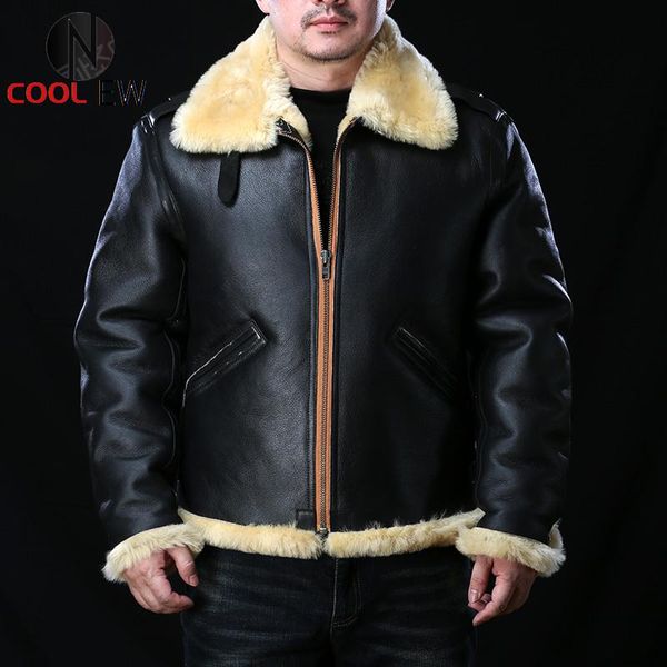 

men's jackets 0969 red european size super warm genuine sheep leather coat big b3 shearling bomber military fur jacket, Black;brown