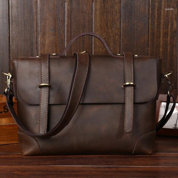 

briefcases crazy horse genuine cowhide leather men's briefcase casual travel bag men tote bags business lapbag11