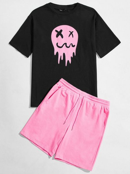 

men graphic print & shorts set v0vj#, Gray