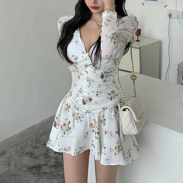 Womengaga Çiçek Mini Elbise Kadınlık Yüksek Bel Kore Ince Fransız Uzun Puf Kollu İlkbahar Yaz Elbiseler 9R 210603 Tops