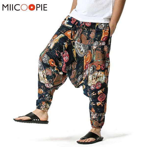 

men's pants vintage men harem 2021 casual coin print cotton linen hip hop loose wild leg baggy mens streetwear pantalon homme, Black