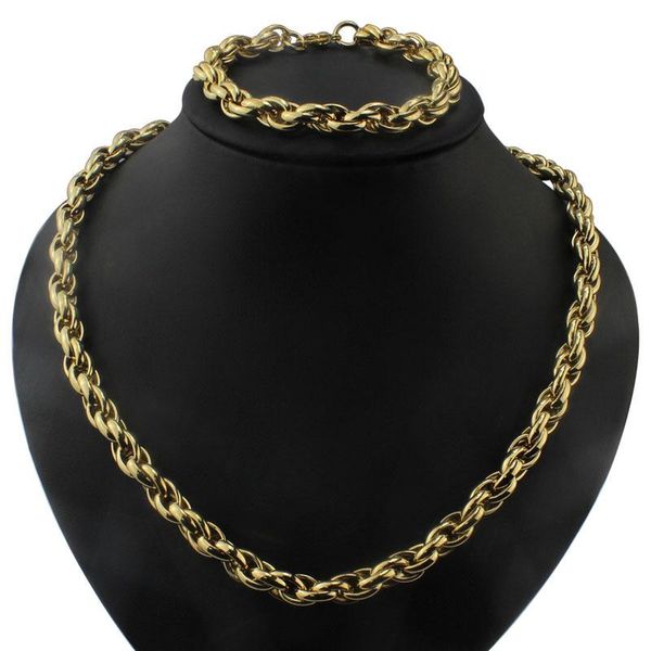

earrings & necklace 9mm men's stainless steel gold round spiga wheat chain hip hop jewelry and bracelet set for men, Silver