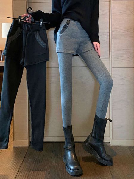 

2021fake two-piece leggings women's autumn winter plush and thickened outer wear one-piece high waist shorts, leggings, warm cotton pan, Black;white