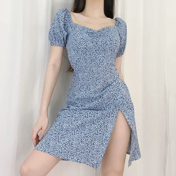 

women summer dress 2021 new arrivals short puff sleeve square collar print floral pleated split party dresses vestidos, Black;gray