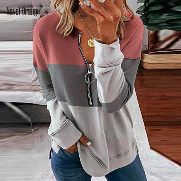 

women's blouses & shirts women casual v-neck full sleeve loose blouse spring autumn printing zipper pullover patchwork streetwear drop, White