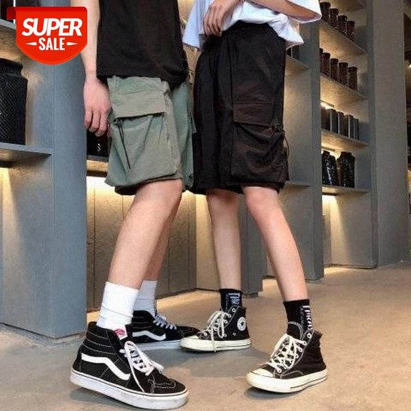 

streetwear summer new cargo short pants men port wind tooling elastic band shorts men loose sports casual pocket men's shorts #of2x, Black;white