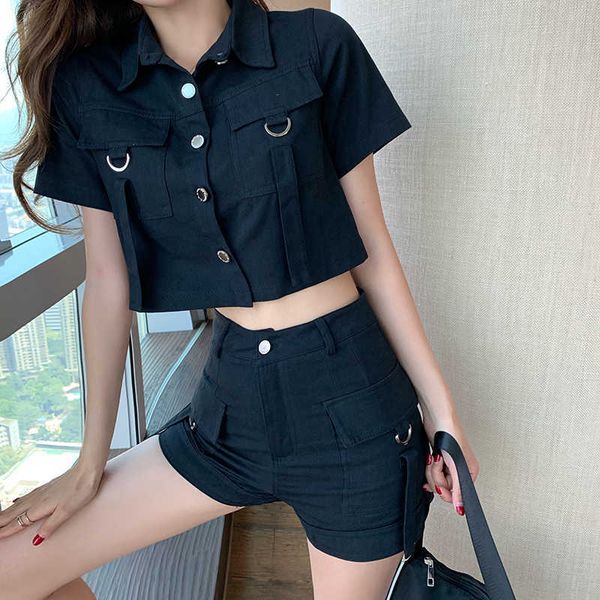 

2 piece set summer women casual fashion solid color lapel short sleeve blouse + high waist shorts female 210526, White