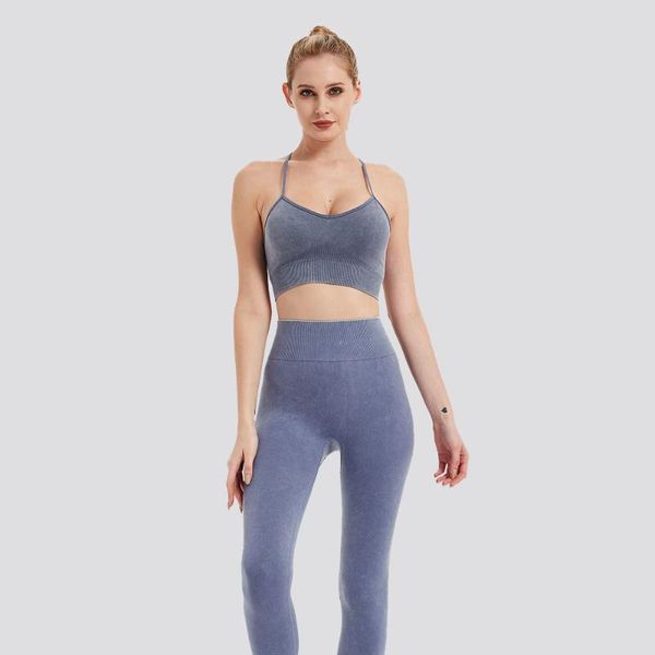 

yoga outfit women wash cowboy seamless knit clothing set beautiful vest leggings fitness suit