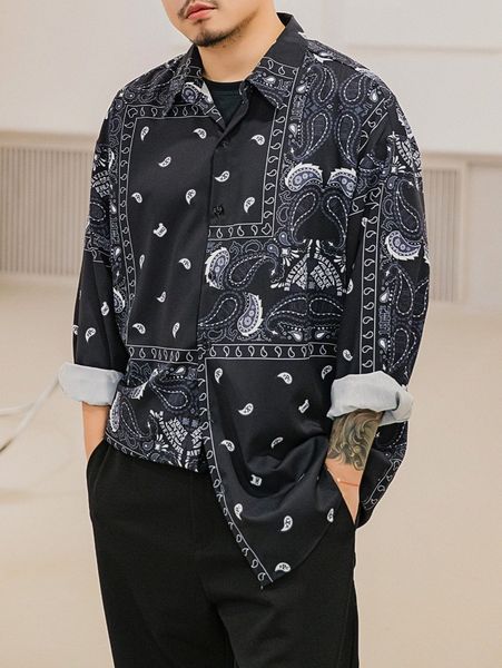 

extended sizes men paisley print drop shoulder shirt z64y#, White;black