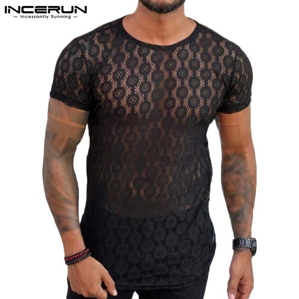 

men's t-shirts 2021 men mesh t shirt crew neck see through short sleeve streetwear tee summer party nightclub camisetas s-5xl ince, White;black