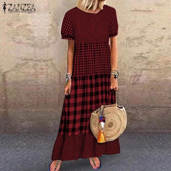 

party dresses zanzea women short sleeve plaid checked dress vintage summer sundress casual pacthwork kaftan vestido robe femme, White;black