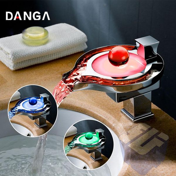 

led basin faucet bathroom faucet waterfall brass mixing tap luminous color changing and cold mixing