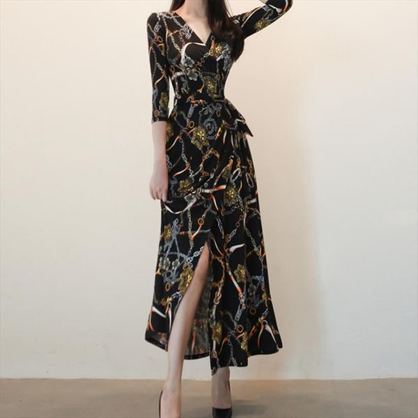 

cinessd vintage robe loose women dresses autumn elegant flower print v neck long sleeve beach vestidos plus size, Black;gray