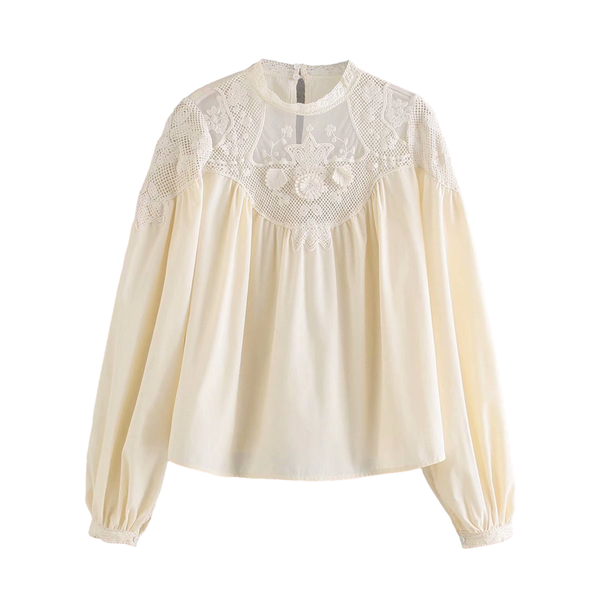 

women's blouses & shirts zxqj elegant women beige embroidery 2021 fashion ladies mesh o-neck streetwear female chic patchwork, White