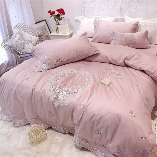 

bedding sets pure cotton beddingset 4pcs 1.8m pastoral princess style pink 60tc satin long-staple mbroidered flower duvet cover