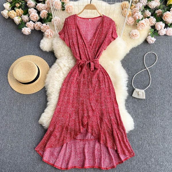

casual dresses singreiny women retro floral wrap dress design irregular ruffles flying sleeve a-line summer boho print holiday sundress, Black;gray