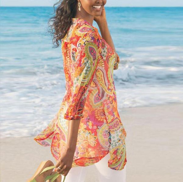

women blouse polyester beach shirt plus size print flower loose daily beach wear women swimsuit cover up y20, White