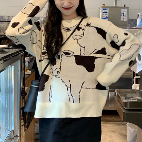 

new 2021 retro casual loose lazy cow sweater female korean harajuku women's sweaters japanese kawaii cute ulzzang clothing for women ef, White;black