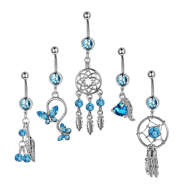 Sexy Dangling Piercing all'ombelico Anello con ombelico Barra in acciaio inossidabile Zircone blu di cristallo per gioielli per il corpo a goccia da donna