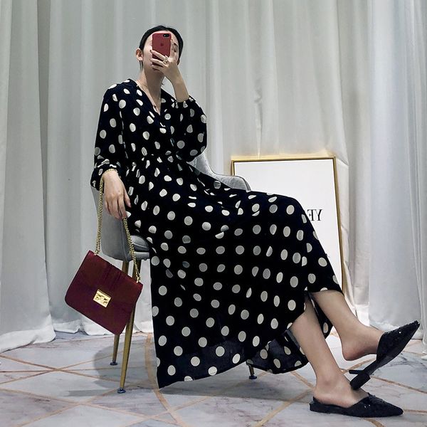 

vintage new spring polka dot dressed in long casual fall high elastic waistline boho party streetwear dress plus female size 6kzc, Black;gray