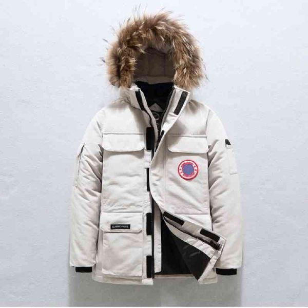 

men's white duck down can be customized label winter zipper hooded fur collar et windproof and warm thick parka coat, Black;white