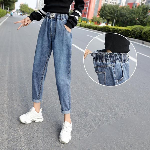 

women's jeans women harem ankle-length trousers female elastic waist blue washed simple plus size fashion casual loose clothes jean