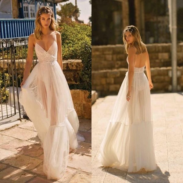 

2021 new lace appliqued backless wedding es v neck beach bridal gowns a line tulle floor length pleated vestidos de mairee 2r1k, White