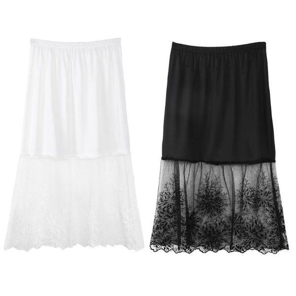 

skirts women lace half slip extender elastic waist a-line hollow petticoat underskirt female casual solid color streetwear, Black