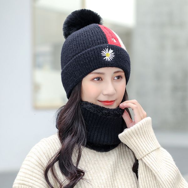 

women wool knitted hat ski hat sets for female windproof winter outdoor knit warm thick siamese scarf collar warm girl gift, Blue;gray