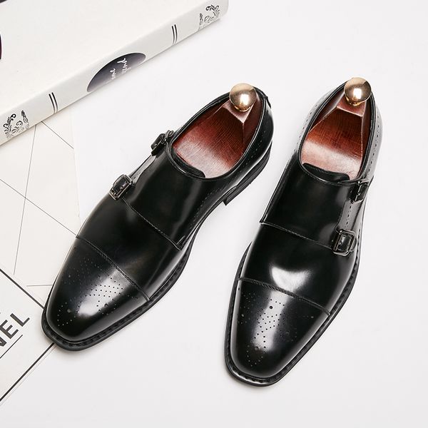 

2021 luxury genuine leather men dress shoes formal oxford brogue shoes monk strap italian cap toe gentleman wedding shoe, Black