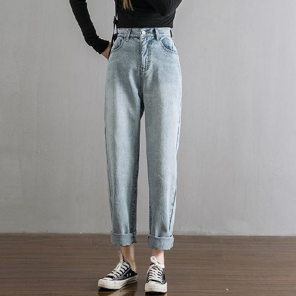 

zhisilao straight jeans women vintage loose high waist denim pants jeans plus size boyfriend mom harem spring 2021, Blue