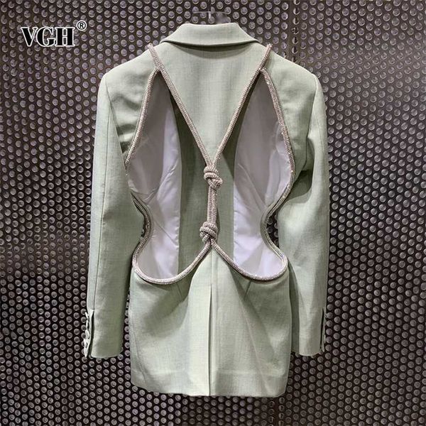 VGH Green Patchwork Diamond Blazer per le donne Dentellato manica lunga Backless Scava fuori Casual Straight Blazer Moda femminile 211029