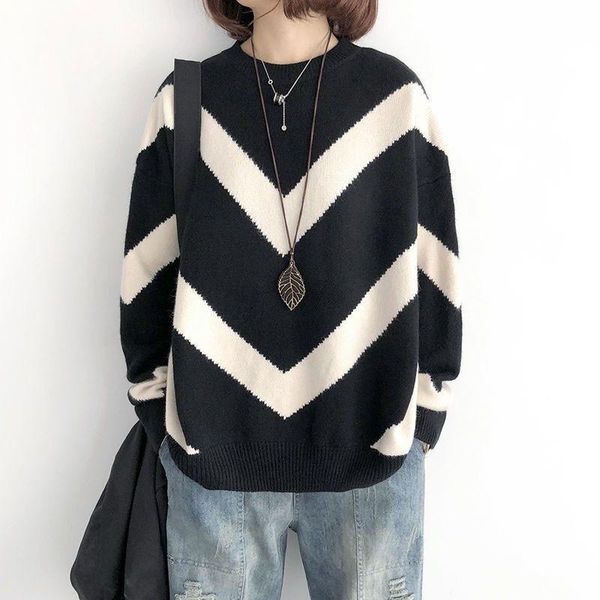 

autumn winter korea fashion women long sleeve loose cotton o-neck pullover all-matched casual striped sweaters plus size v164, White;black