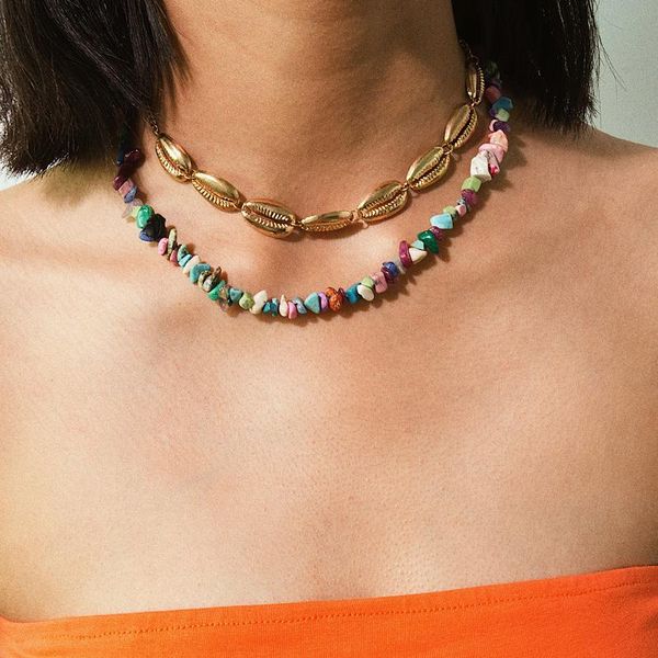 

ingesight.z 2pcs/lot punk green natural stone choker necklace collar statement alloy shell long chain necklace for women jewelry, Golden;silver