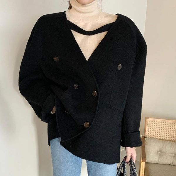 

women's wool & blends [ewq] korea chic casual trendy women v-neck solid double-breasted fashion simple long-sleeved woolen coat autumn, Black