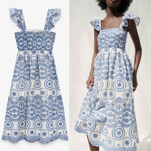 

za embroidered openwork straps women dress long sleeveless ruffle vintage blue summer pleated party dresses, Black;gray