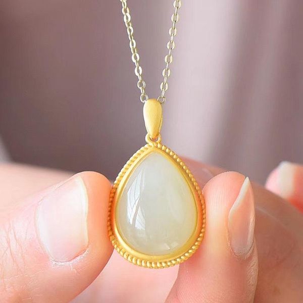 

chains silver inlaid natural an white jade drop shaped pendant necklace chinese style retro cool charm light luxury lady jewelry