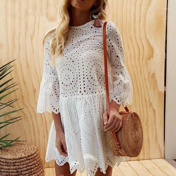 

casual dresses hirigin summer women three quarter sleeve hollow beach mini dress 2021 fashion ladies street boho holiday white vestido, Black;gray