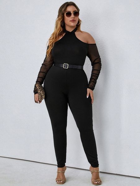 

plus contrast mesh halter neck jumpsuit without belt g0b9#, Black