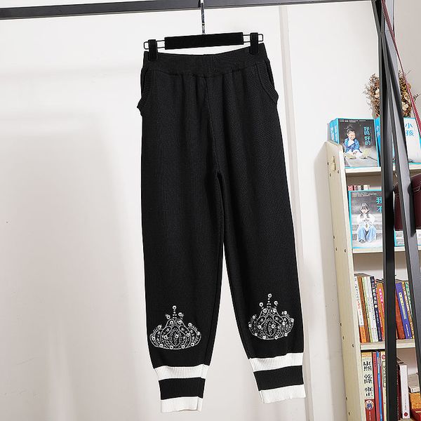 

fashion black knitted outfits women loose tracksuit handwork diamond embroidery sweater long pants knit suit female 2 piece set a6ak, Blue