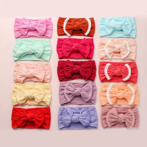 

33 colors super soft fashion jacquard baby accessories knot bow fur ball side hair band girls cute boutique headband m044, Slivery;white