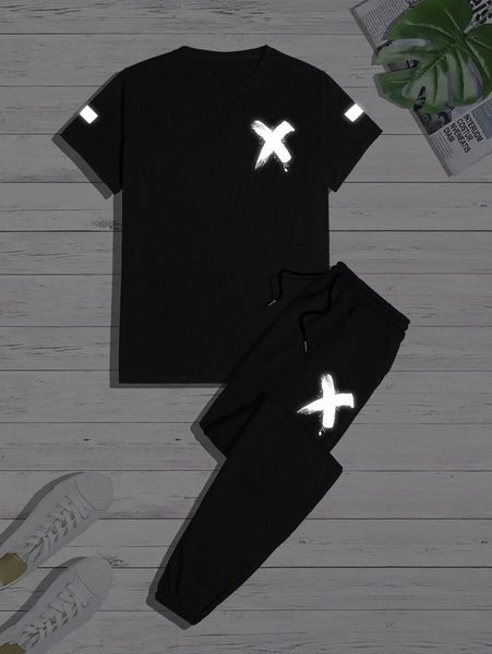 

men reflective brush print tee & drawstring waist sweatpants m94l#, Gray