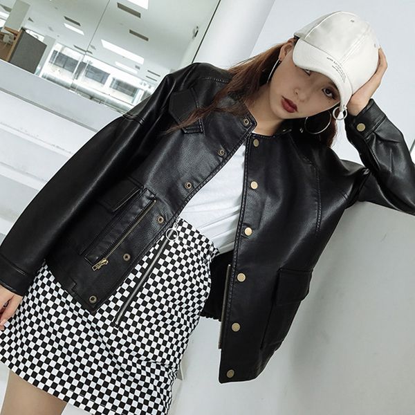 

2021 new autumn womem vintage black loose fit pu faux soft leather jacket single breasted pocket punk biker coat outwear c76h
