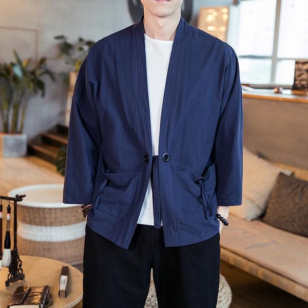 

ethnic clothing japan men kimono cotton linen shirt loose solid haori cardigan asian samurai blouse vintage male clothes streetwear 5xl, Red
