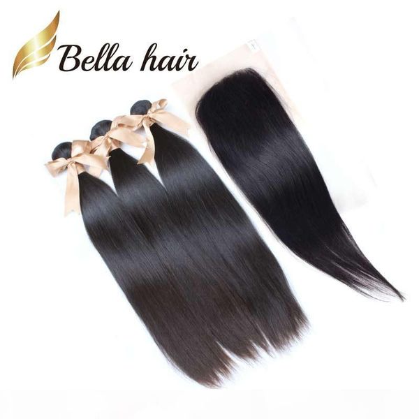 

natural color lace closure with bundles 10"-30" inch malaysian straight unprocessed human hair bundles ing, Black