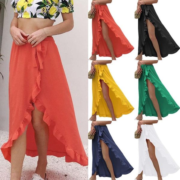 

skirts women's ruffled lace-up skirt high waist slit holiday beach, Black