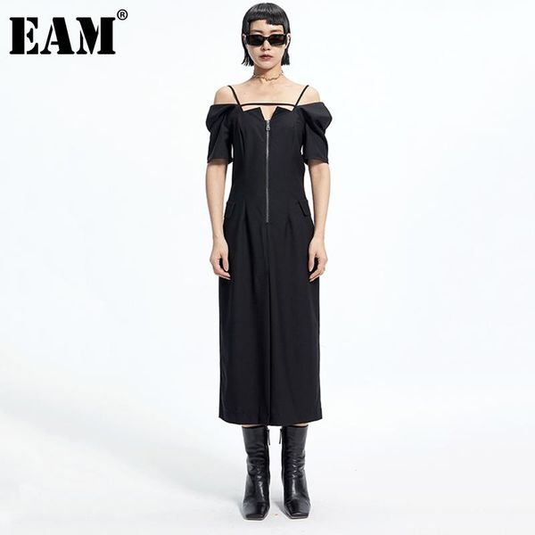 

casual dresses [eam] women black off shoulder long vintage dress slash neck short sleeve loose fit fashion tide spring summer 2021 1de0606, Black;gray